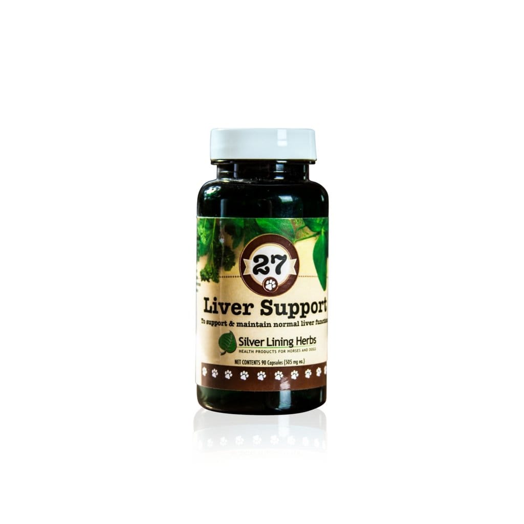 A bottle of #27 Liver Support for Dogs, an herbal supplement from Silver Lining Herbs