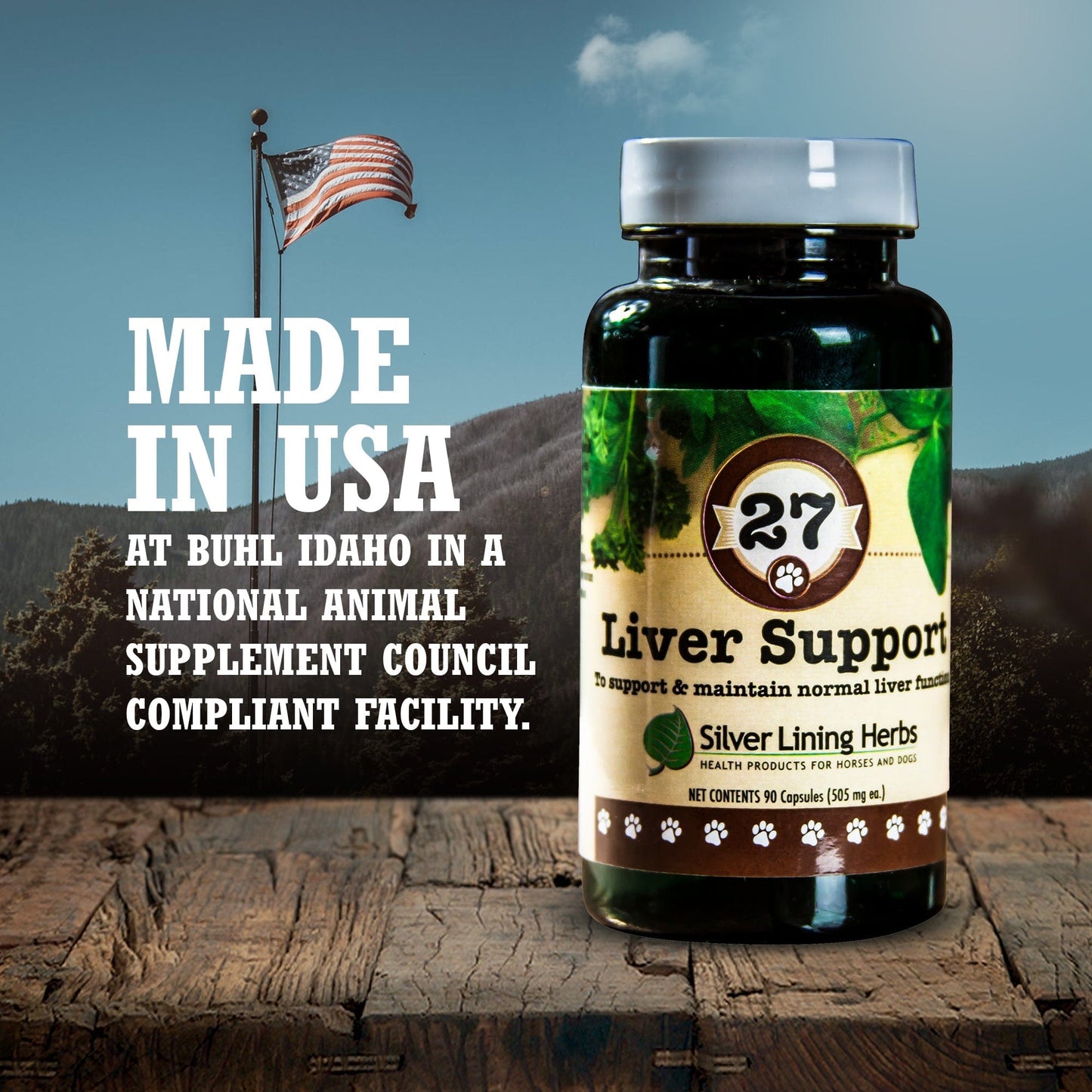 A bottle of #27 Liver Support for Dogs with text explaining where the product was produced in the USA