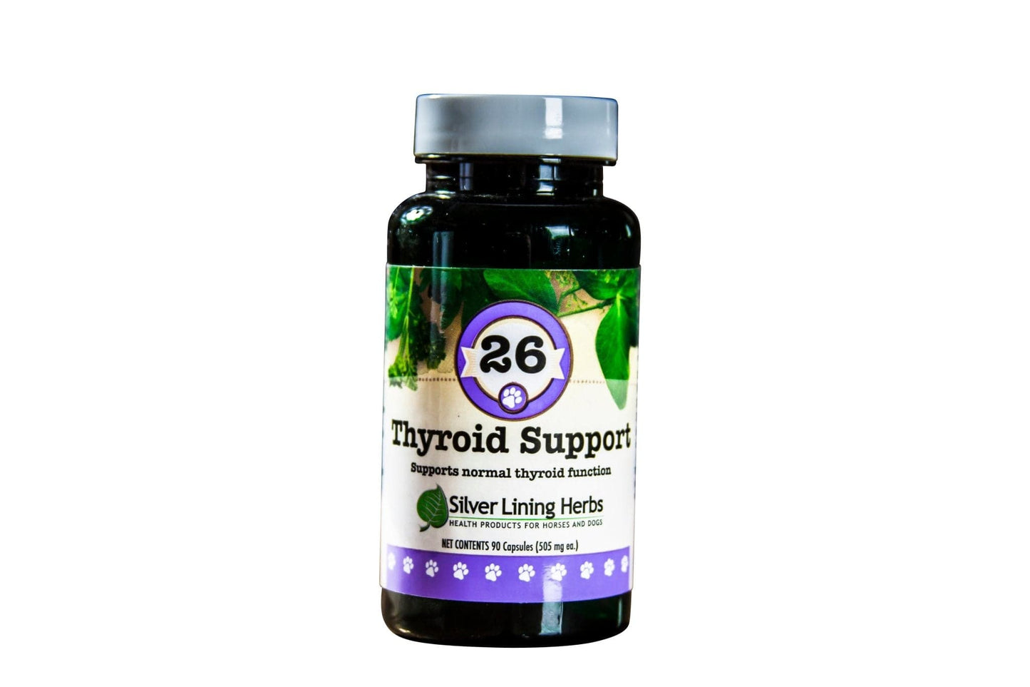 A bottle of #26 Thyroid Support for Dogs, an herbal supplement from Silver Lining Herbs