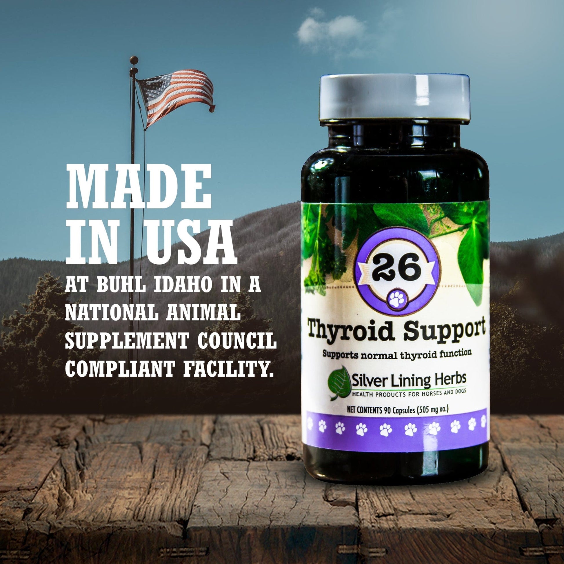 A bottle of #26 Thyroid Support for Dogs and text saying it was made in Buhl, Idaho, USA